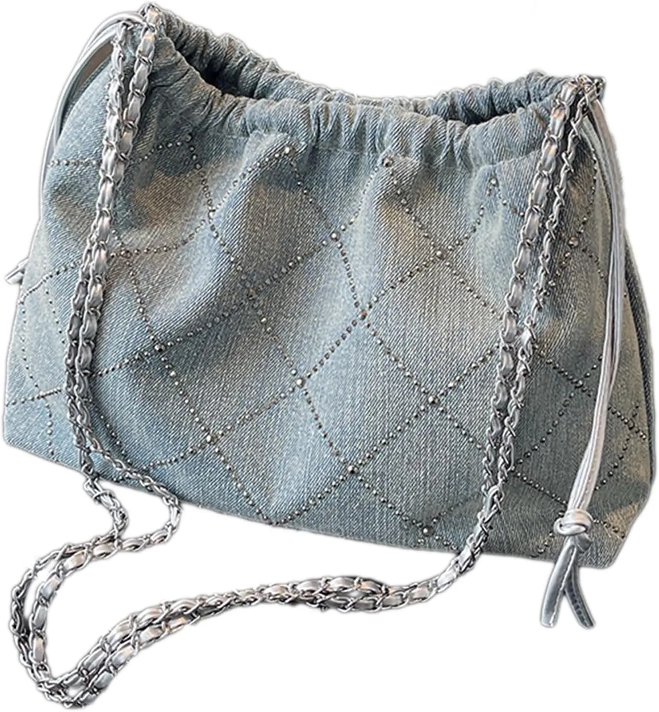 Denim Purse Women Studded Chain Quilted Bag Blue Jean Bucket Bag Trendy Vintage Crossbody Purse