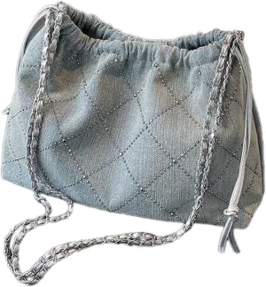 Denim Purse Women Studded Chain Quilted Bag Blue Jean Bucket Bag Trendy Vintage Crossbody Purse