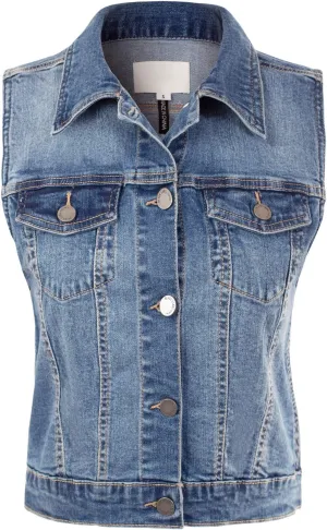Design by Olivia Women's Classic Sleeveless Stone Wash Distressed Denim Vest