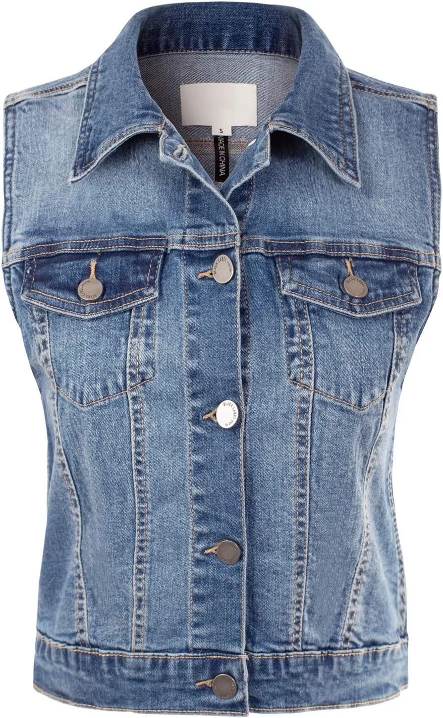 Design by Olivia Women's Classic Sleeveless Stone Wash Distressed Denim Vest