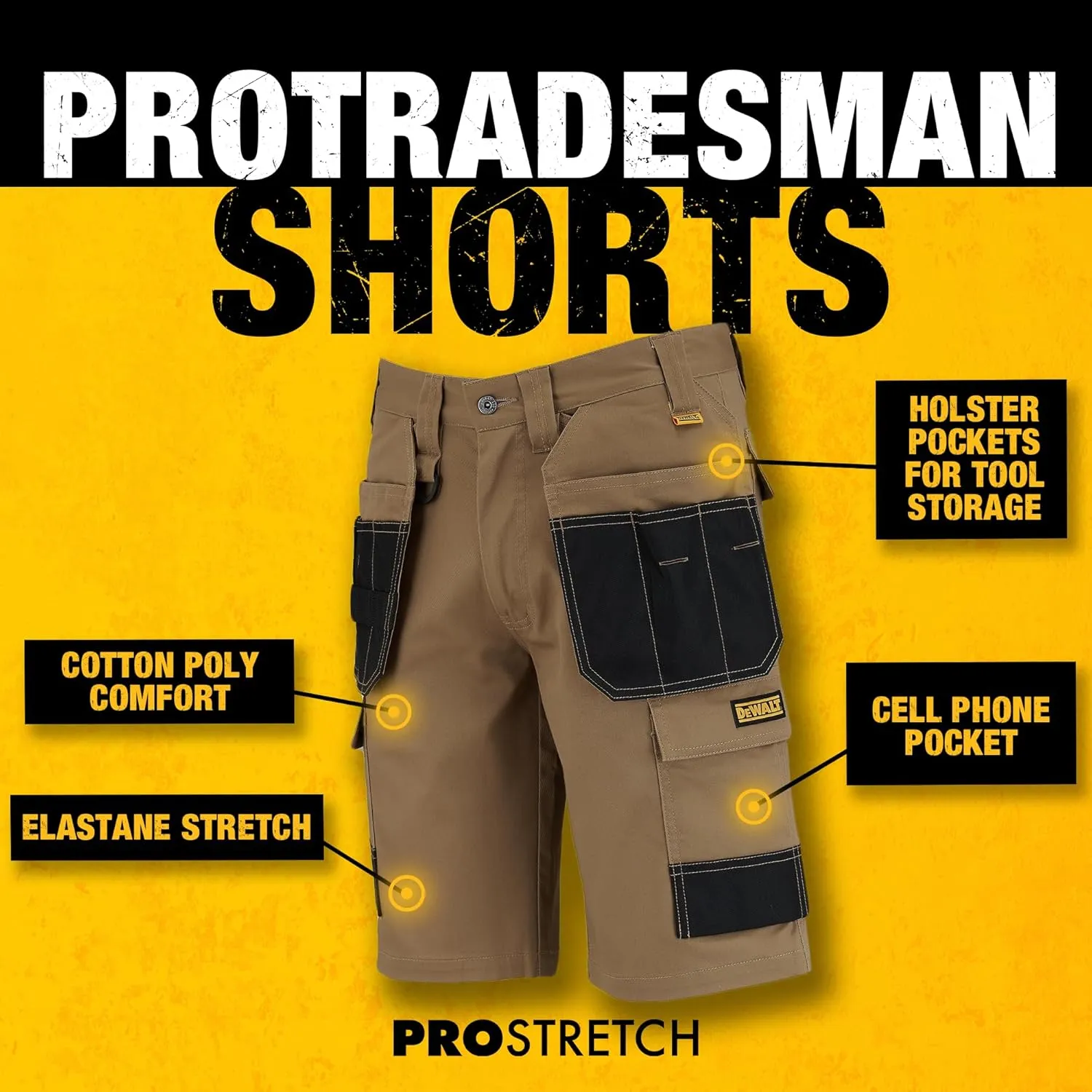 DEWALT Protradesman Men's Poly Cotton, Stretch, Multi Pocket Work Shorts