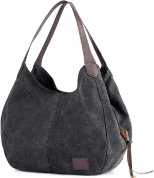 DOURR Women's Multi-pocket Shoulder Bag Fashion Cotton Canvas Handbag Tote Purse