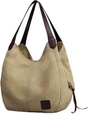 DOURR Women's Multi-pocket Shoulder Bag Fashion Cotton Canvas Handbag Tote Purse