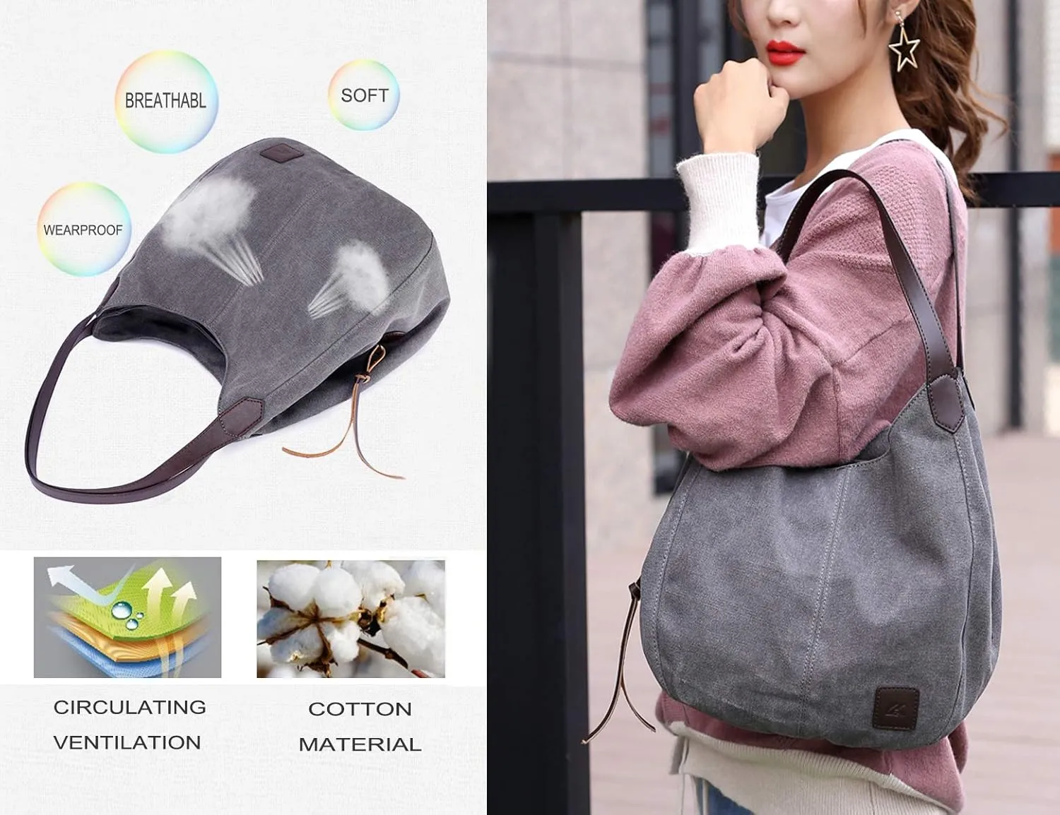DOURR Women's Multi-pocket Shoulder Bag Fashion Cotton Canvas Handbag Tote Purse