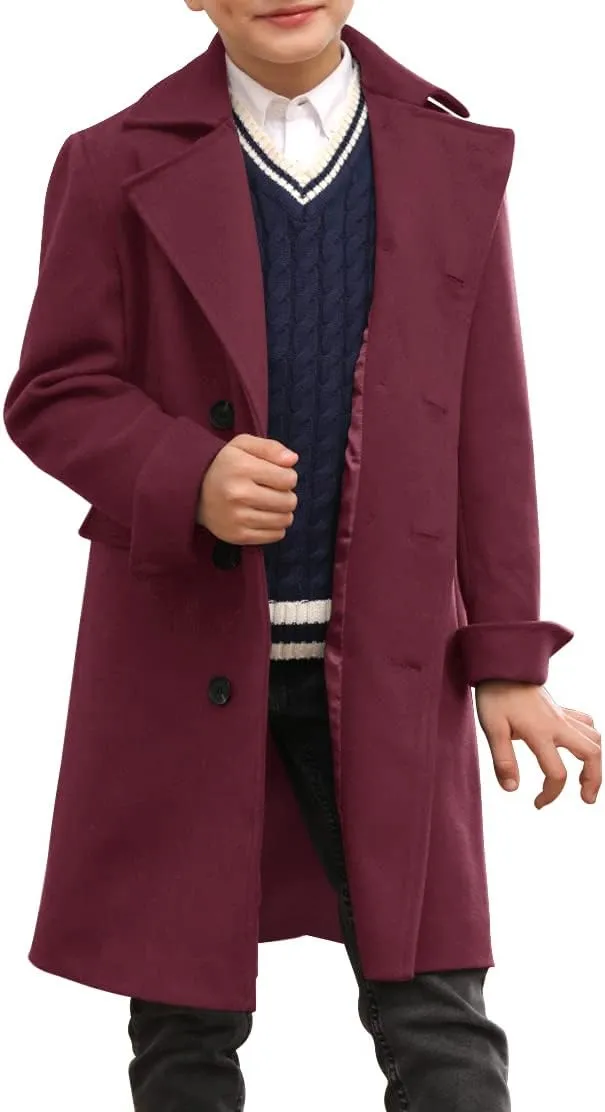 Ebifin Boys Notch Lapel Double Breasted Long Trench Coat Casual Classic Peacoat