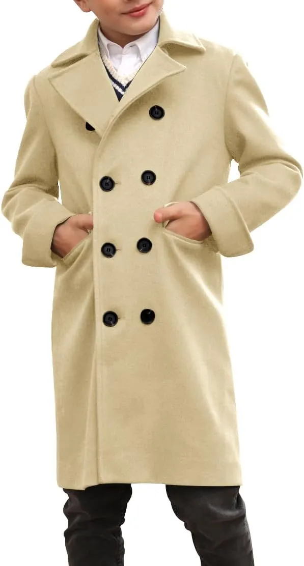 Ebifin Boys Notch Lapel Double Breasted Long Trench Coat Casual Classic Peacoat