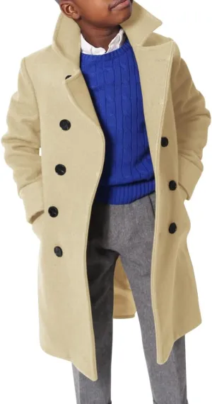 Ebifin Boys Notch Lapel Double Breasted Long Trench Coat Casual Classic Peacoat