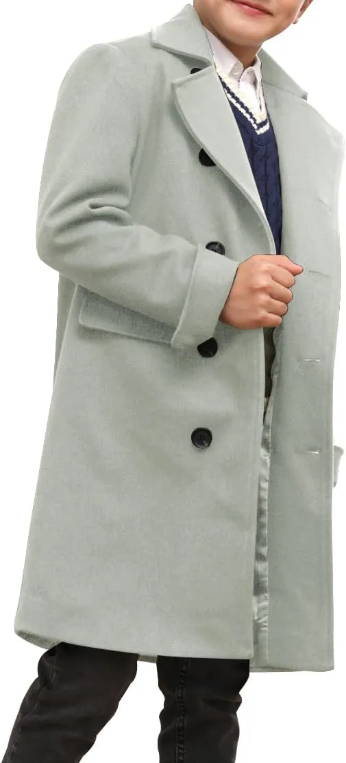 Ebifin Boys Notch Lapel Double Breasted Long Trench Coat Casual Classic Peacoat