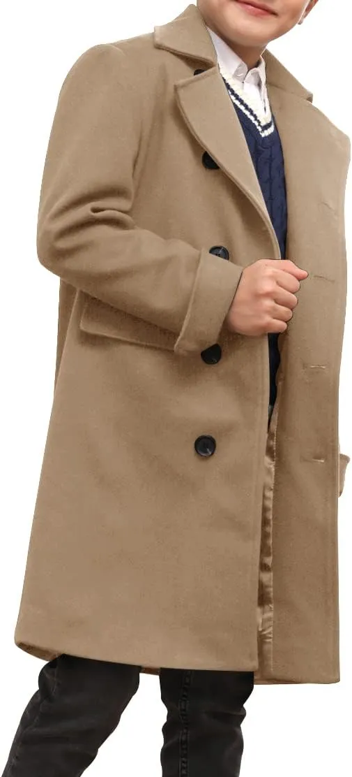 Ebifin Boys Notch Lapel Double Breasted Long Trench Coat Casual Classic Peacoat