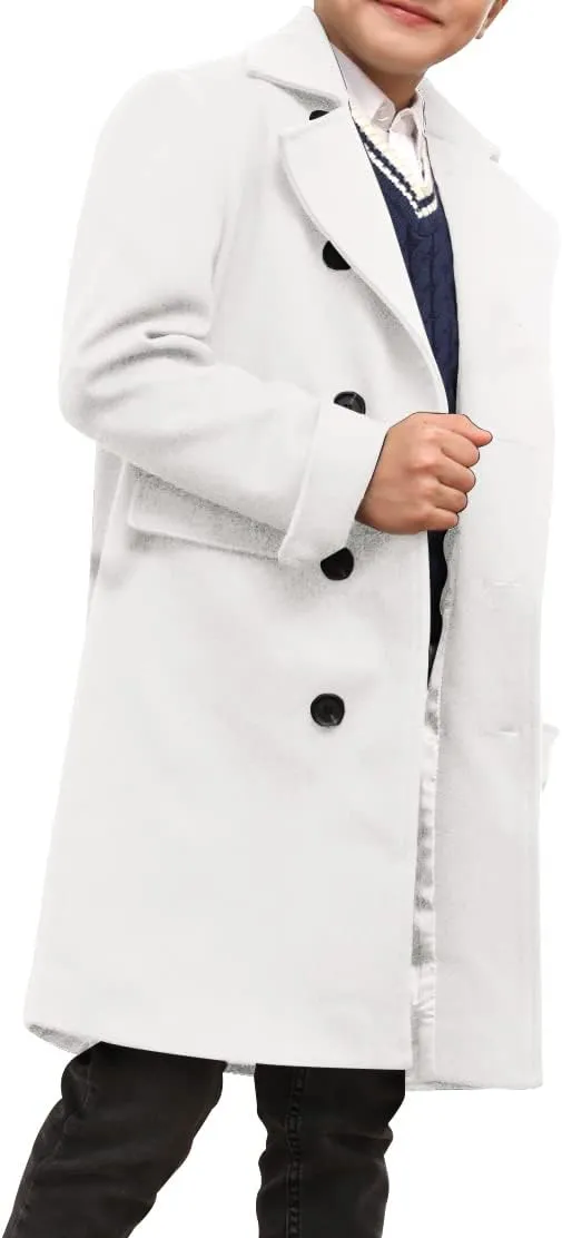Ebifin Boys Notch Lapel Double Breasted Long Trench Coat Casual Classic Peacoat