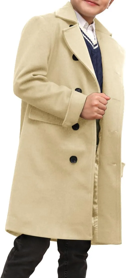 Ebifin Boys Notch Lapel Double Breasted Long Trench Coat Casual Classic Peacoat
