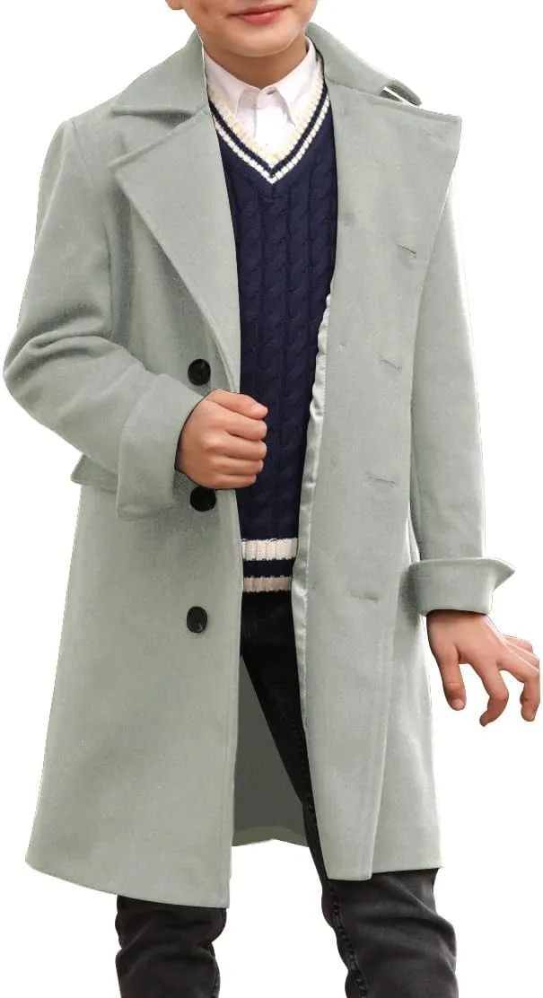 Ebifin Boys Notch Lapel Double Breasted Long Trench Coat Casual Classic Peacoat