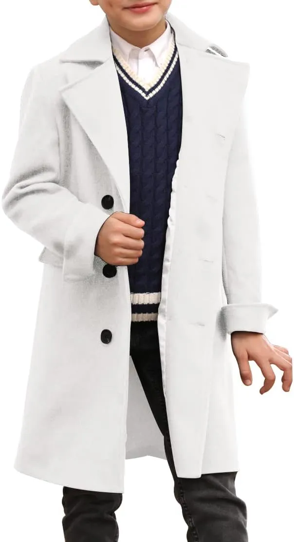 Ebifin Boys Notch Lapel Double Breasted Long Trench Coat Casual Classic Peacoat