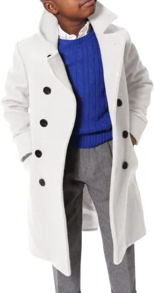 Ebifin Boys Notch Lapel Double Breasted Long Trench Coat Casual Classic Peacoat
