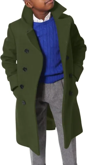 Ebifin Boys Notch Lapel Double Breasted Long Trench Coat Casual Classic Peacoat
