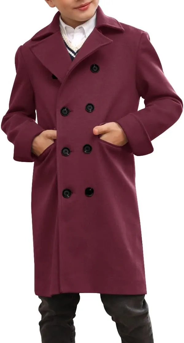 Ebifin Boys Notch Lapel Double Breasted Long Trench Coat Casual Classic Peacoat
