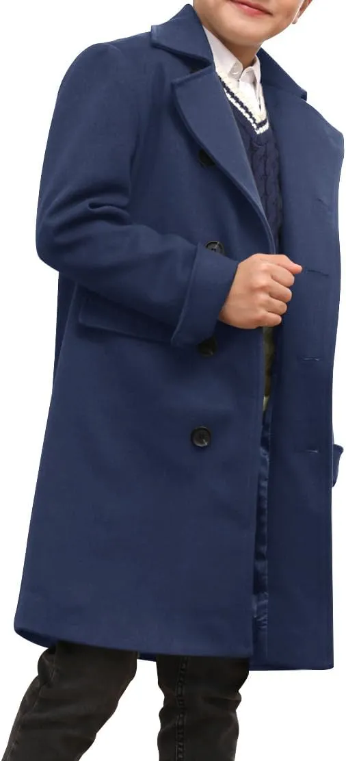 Ebifin Boys Notch Lapel Double Breasted Long Trench Coat Casual Classic Peacoat