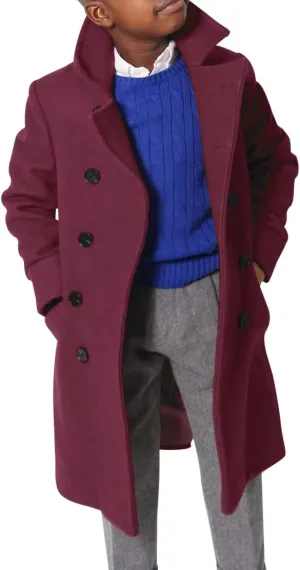 Ebifin Boys Notch Lapel Double Breasted Long Trench Coat Casual Classic Peacoat