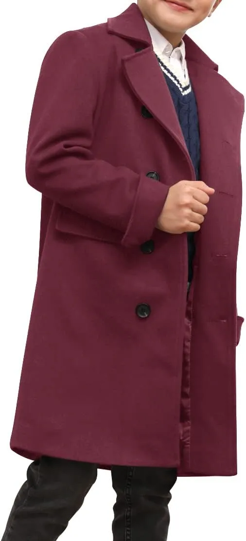 Ebifin Boys Notch Lapel Double Breasted Long Trench Coat Casual Classic Peacoat