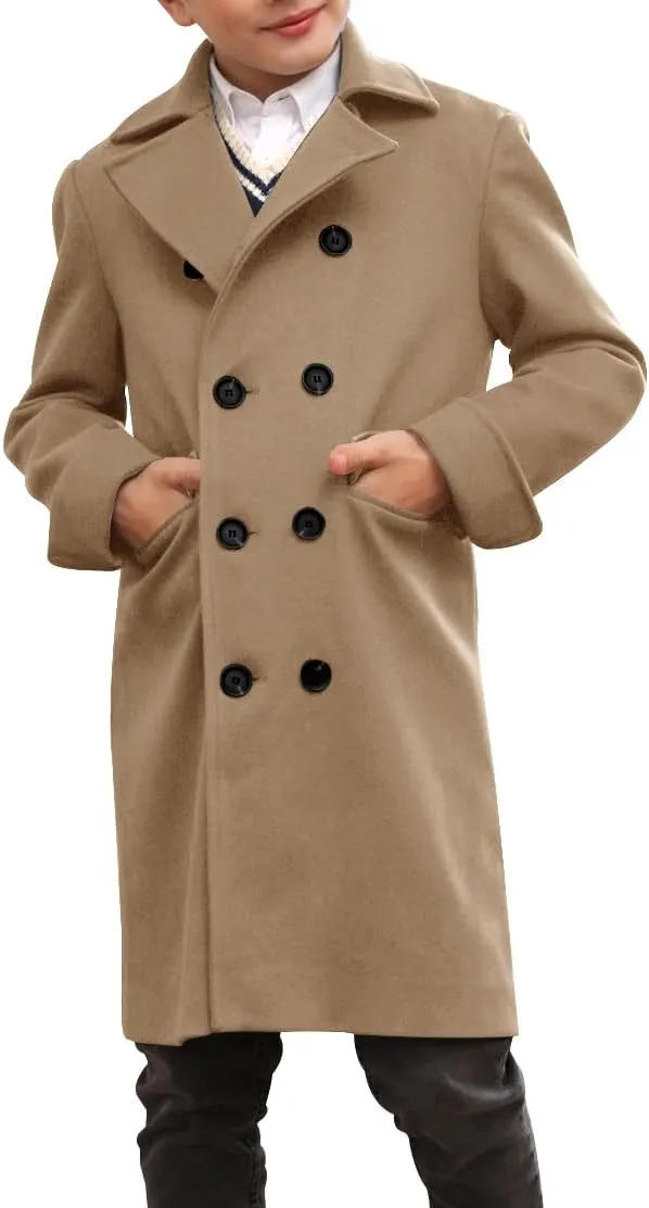 Ebifin Boys Notch Lapel Double Breasted Long Trench Coat Casual Classic Peacoat