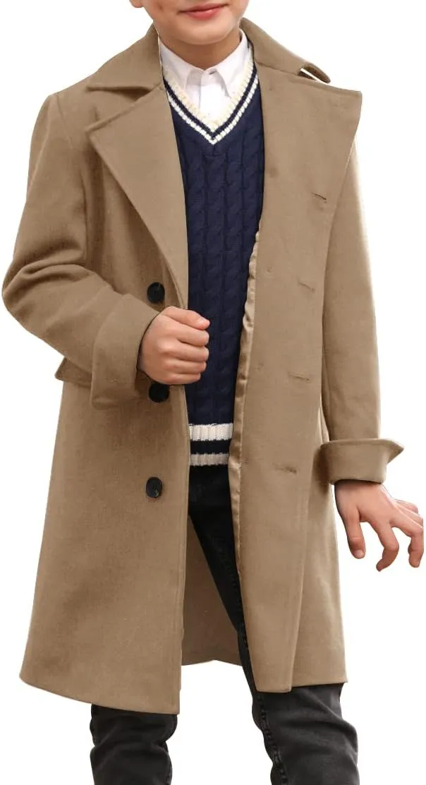Ebifin Boys Notch Lapel Double Breasted Long Trench Coat Casual Classic Peacoat