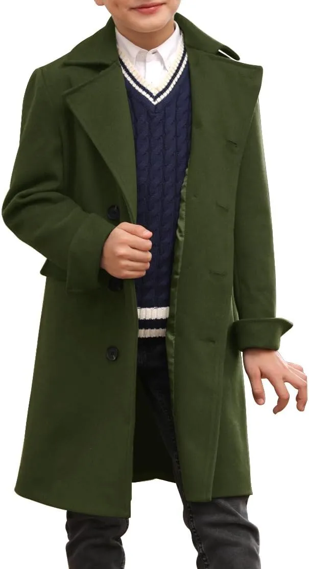 Ebifin Boys Notch Lapel Double Breasted Long Trench Coat Casual Classic Peacoat