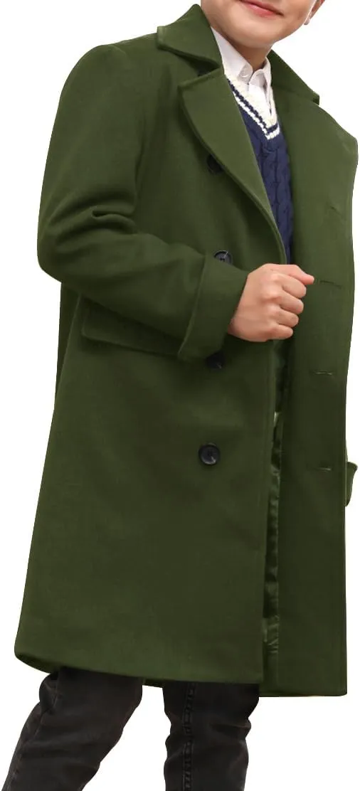 Ebifin Boys Notch Lapel Double Breasted Long Trench Coat Casual Classic Peacoat