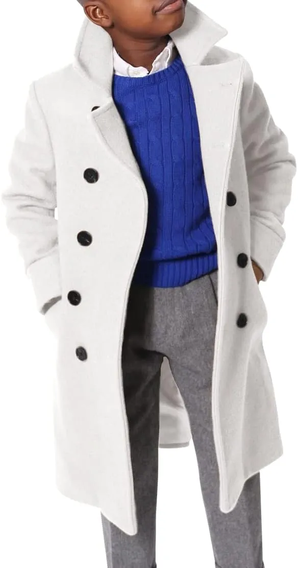 Ebifin Boys Notch Lapel Double Breasted Long Trench Coat Casual Classic Peacoat