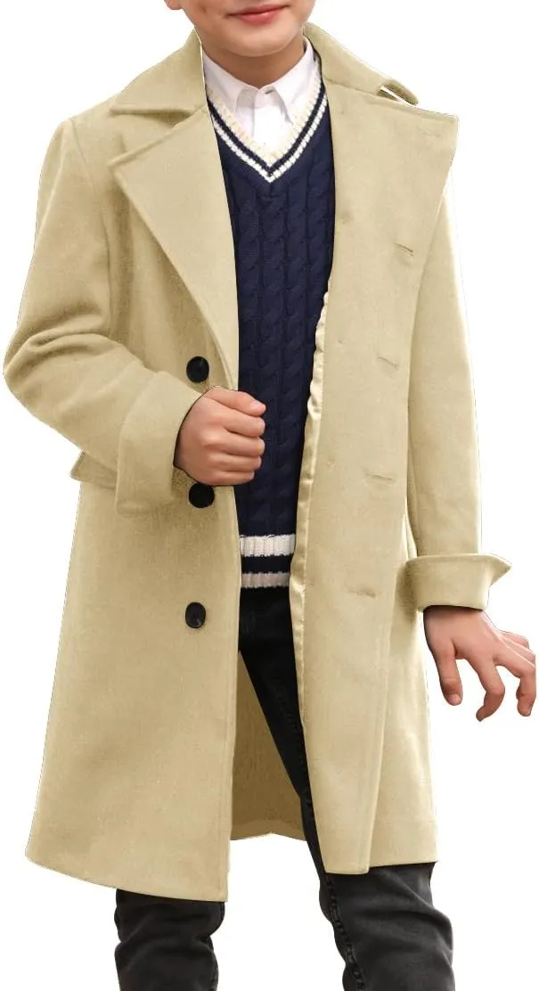 Ebifin Boys Notch Lapel Double Breasted Long Trench Coat Casual Classic Peacoat