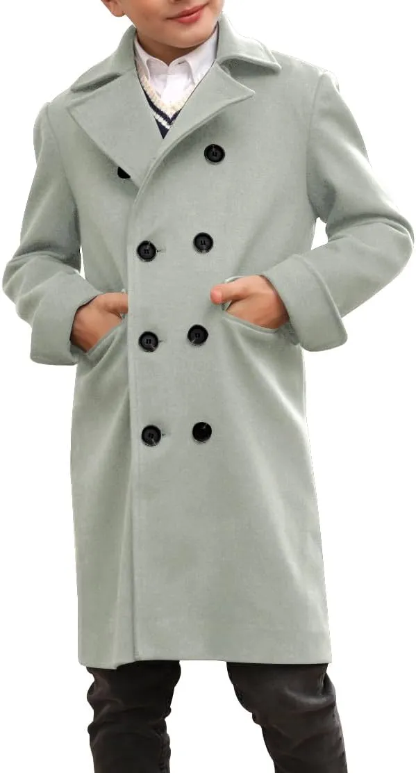 Ebifin Boys Notch Lapel Double Breasted Long Trench Coat Casual Classic Peacoat