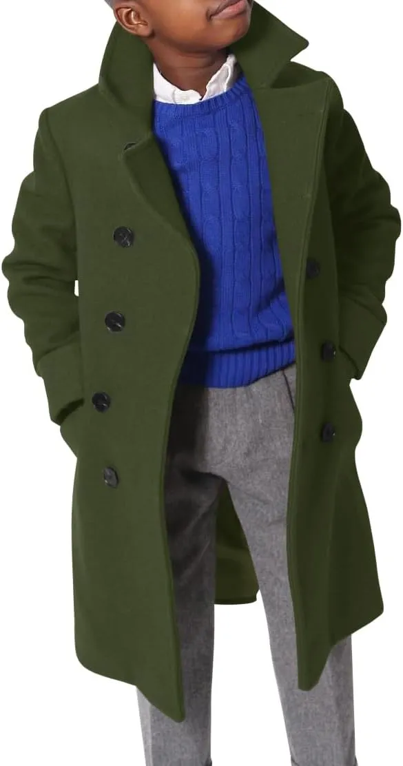 Ebifin Boys Notch Lapel Double Breasted Long Trench Coat Casual Classic Peacoat