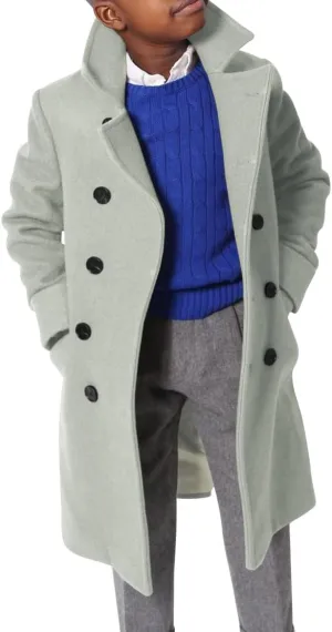 Ebifin Boys Notch Lapel Double Breasted Long Trench Coat Casual Classic Peacoat