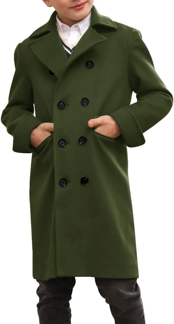 Ebifin Boys Notch Lapel Double Breasted Long Trench Coat Casual Classic Peacoat