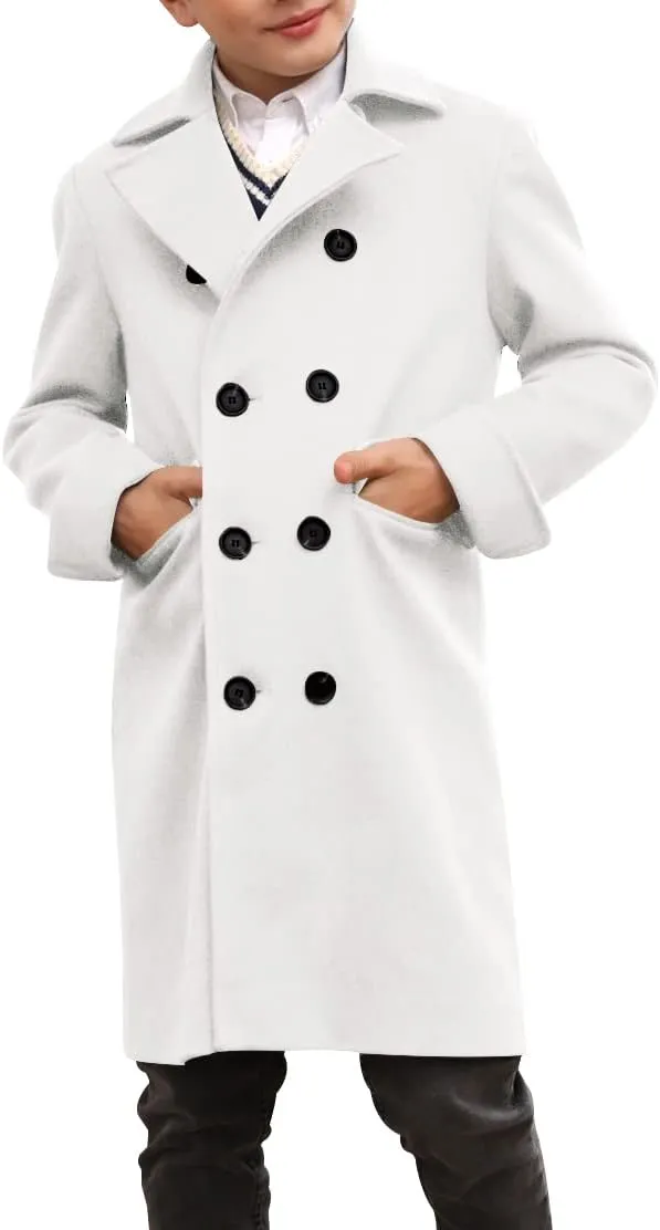 Ebifin Boys Notch Lapel Double Breasted Long Trench Coat Casual Classic Peacoat