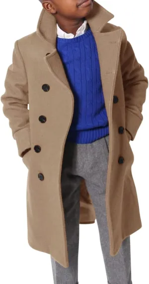 Ebifin Boys Notch Lapel Double Breasted Long Trench Coat Casual Classic Peacoat