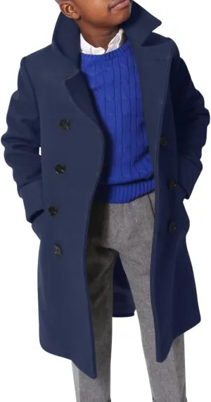 Ebifin Boys Notch Lapel Double Breasted Long Trench Coat Casual Classic Peacoat