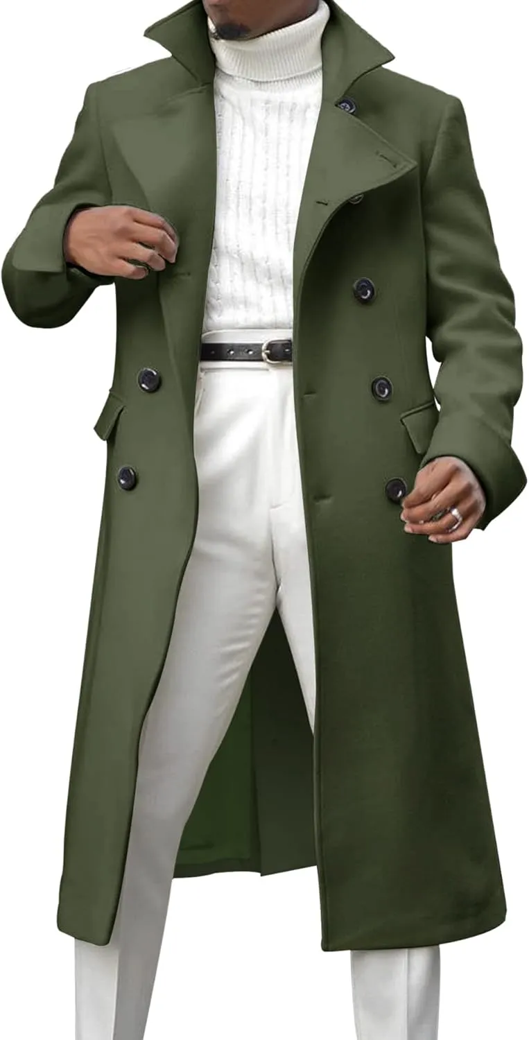 Ebifin Men's Notch Lapel Double Breasted Long Trench Coat Casual Cotton Blend Peacoat