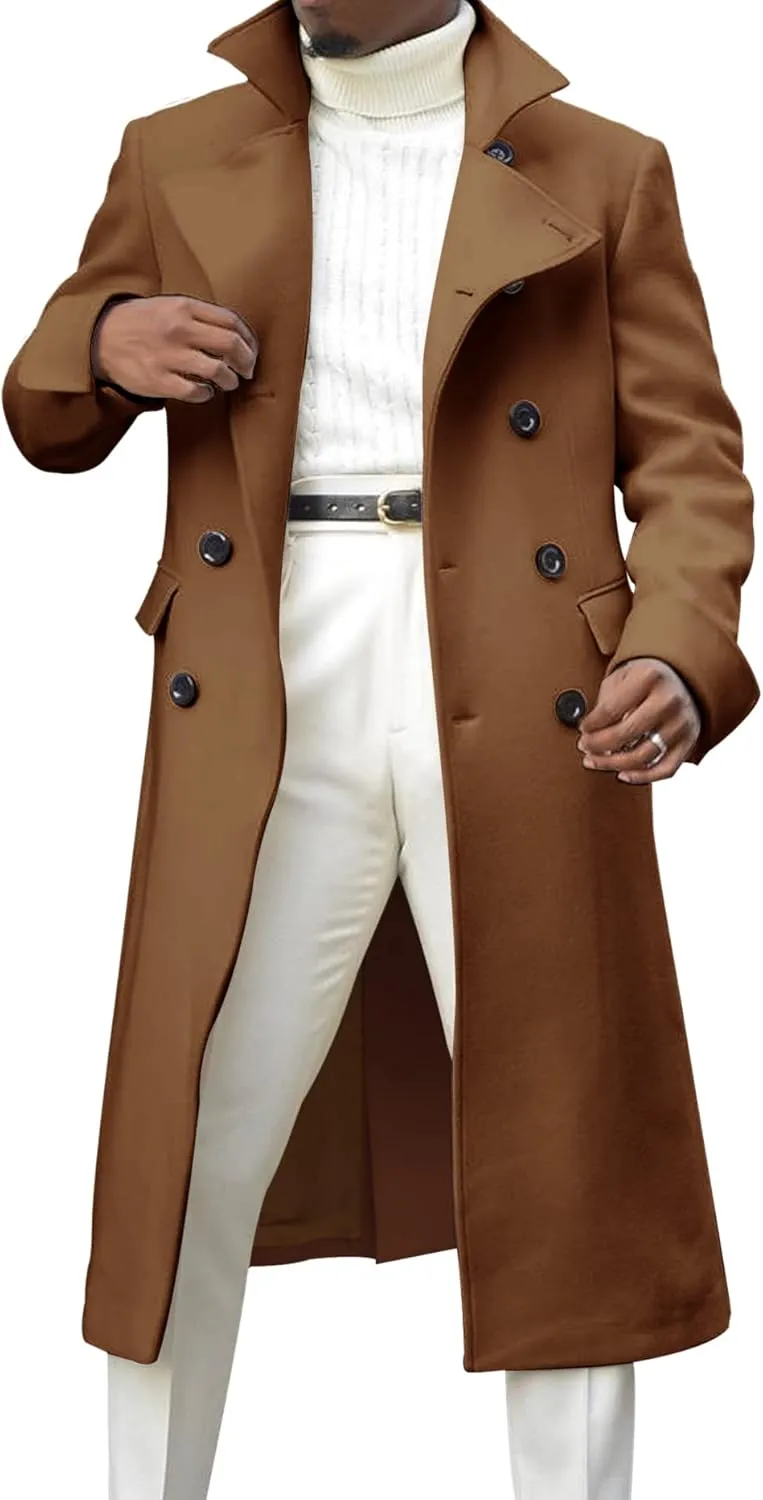 Ebifin Men's Notch Lapel Double Breasted Long Trench Coat Casual Cotton Blend Peacoat