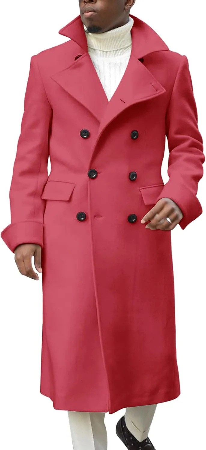 Ebifin Men's Notch Lapel Double Breasted Long Trench Coat Casual Cotton Blend Peacoat