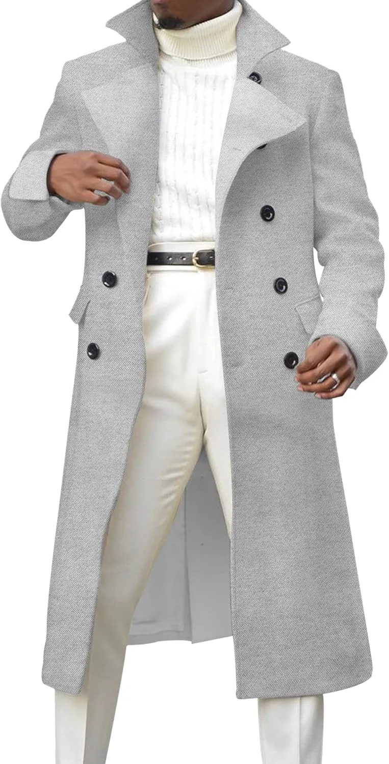 Ebifin Men's Notch Lapel Double Breasted Long Trench Coat Casual Cotton Blend Peacoat