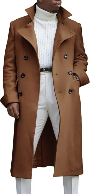 Ebifin Men's Notch Lapel Double Breasted Long Trench Coat Casual Cotton Blend Peacoat