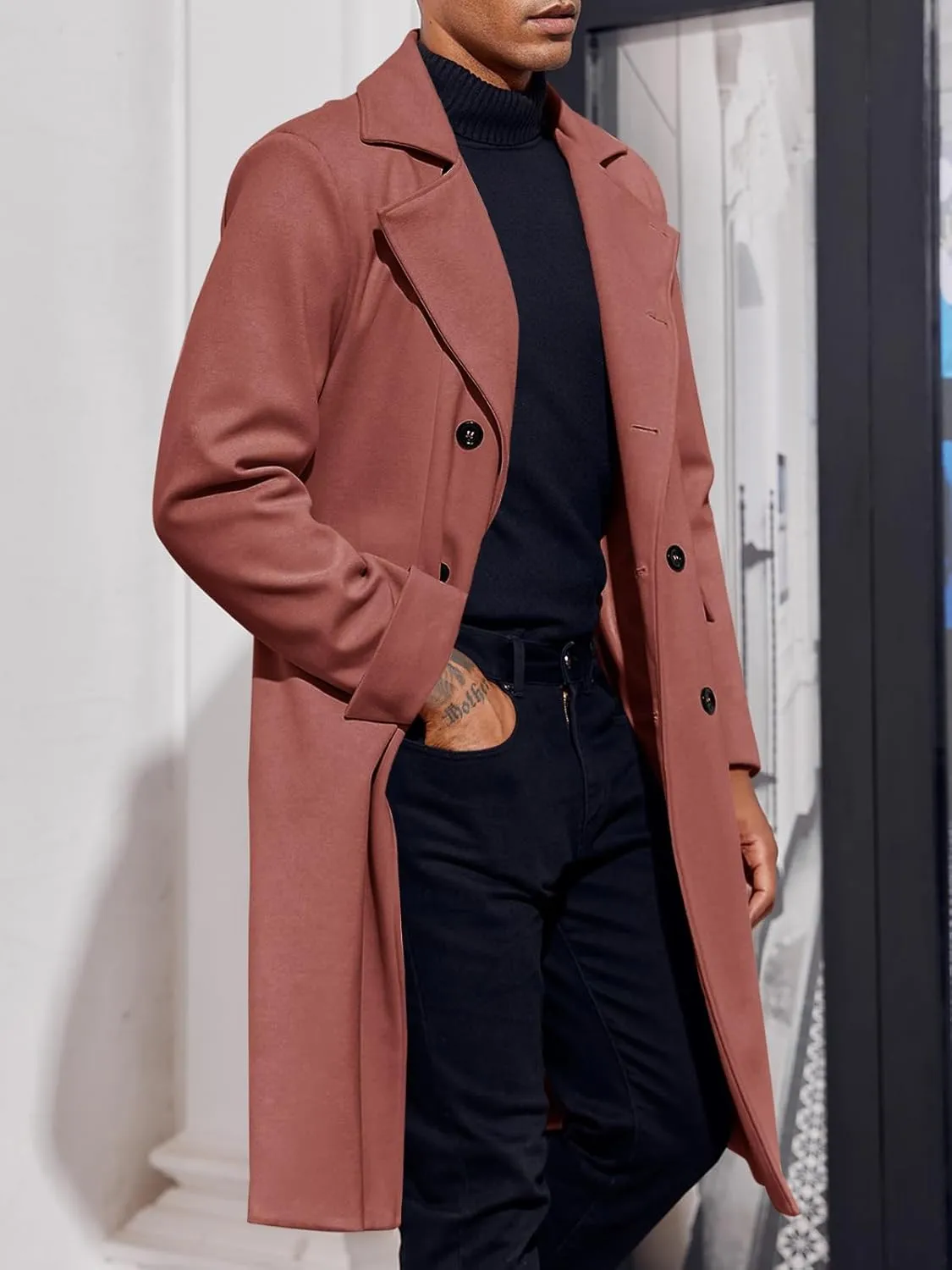 Ebifin Men's Notch Lapel Double Breasted Long Trench Coat Casual Cotton Blend Peacoat