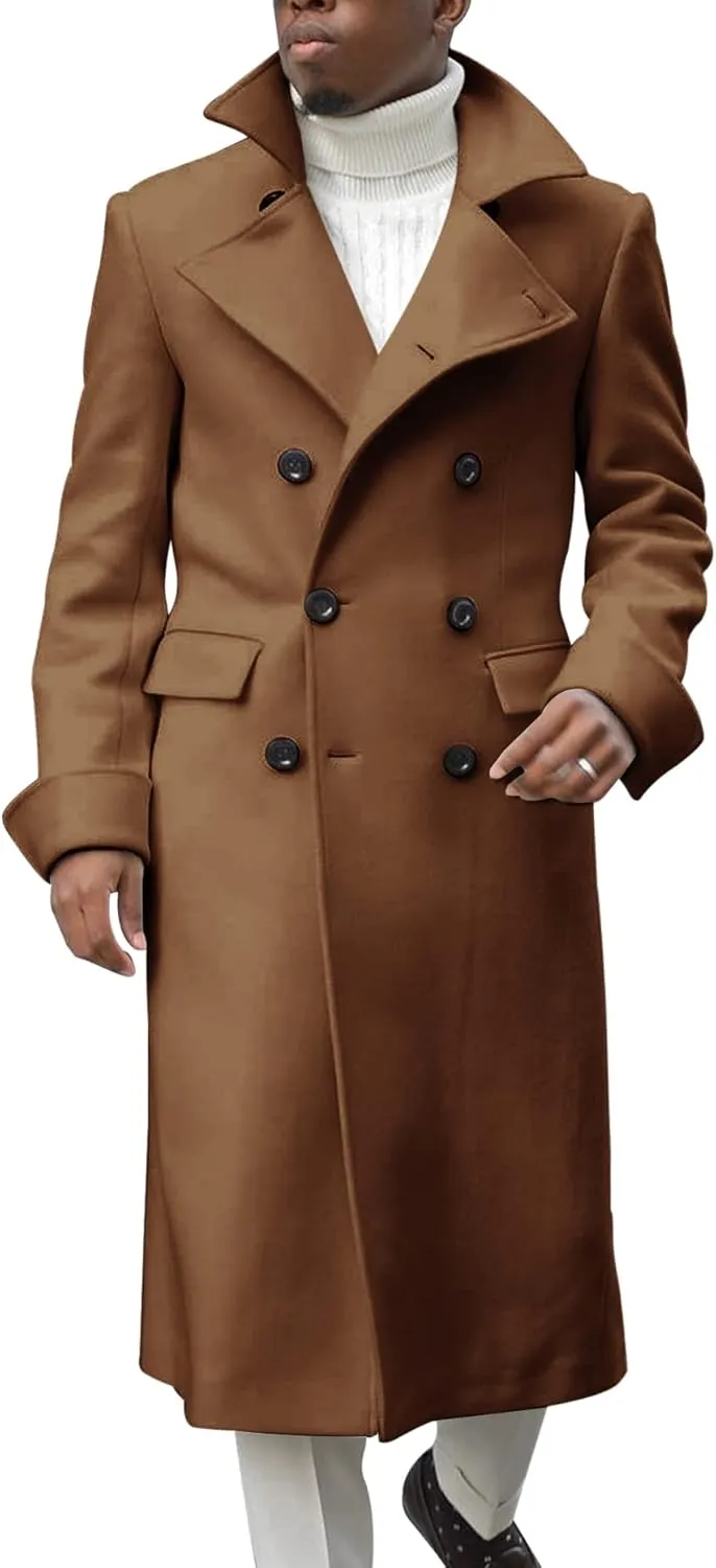 Ebifin Men's Notch Lapel Double Breasted Long Trench Coat Casual Cotton Blend Peacoat