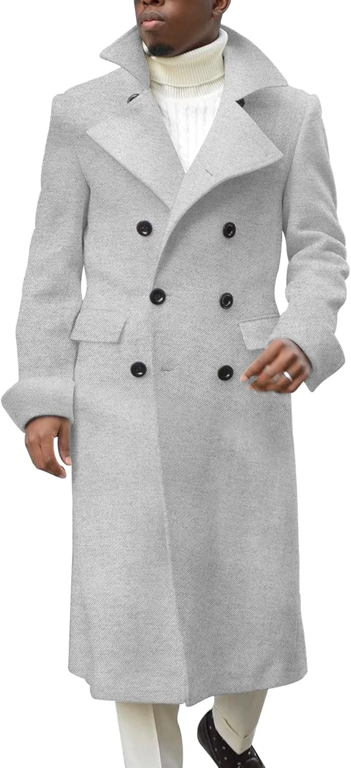 Ebifin Men's Notch Lapel Double Breasted Long Trench Coat Casual Cotton Blend Peacoat