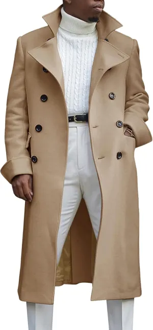 Ebifin Men's Notch Lapel Double Breasted Long Trench Coat Casual Cotton Blend Peacoat
