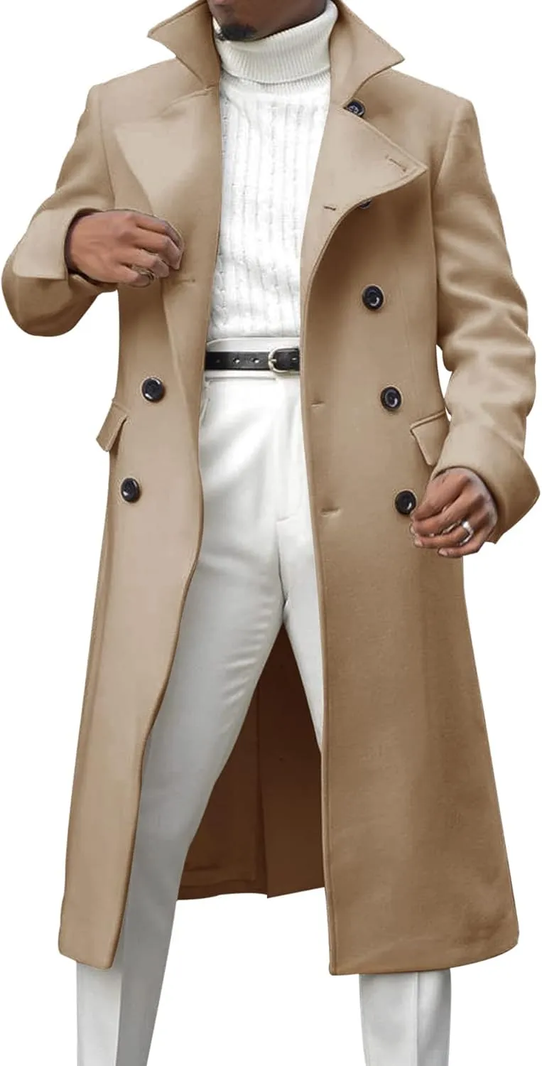 Ebifin Men's Notch Lapel Double Breasted Long Trench Coat Casual Cotton Blend Peacoat