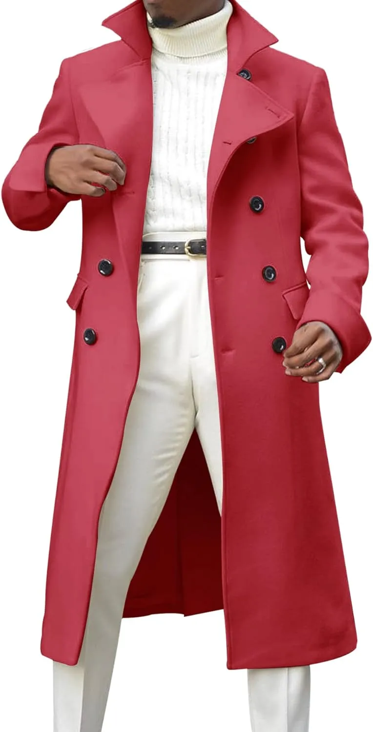 Ebifin Men's Notch Lapel Double Breasted Long Trench Coat Casual Cotton Blend Peacoat