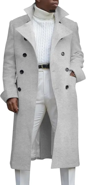 Ebifin Men's Notch Lapel Double Breasted Long Trench Coat Casual Cotton Blend Peacoat