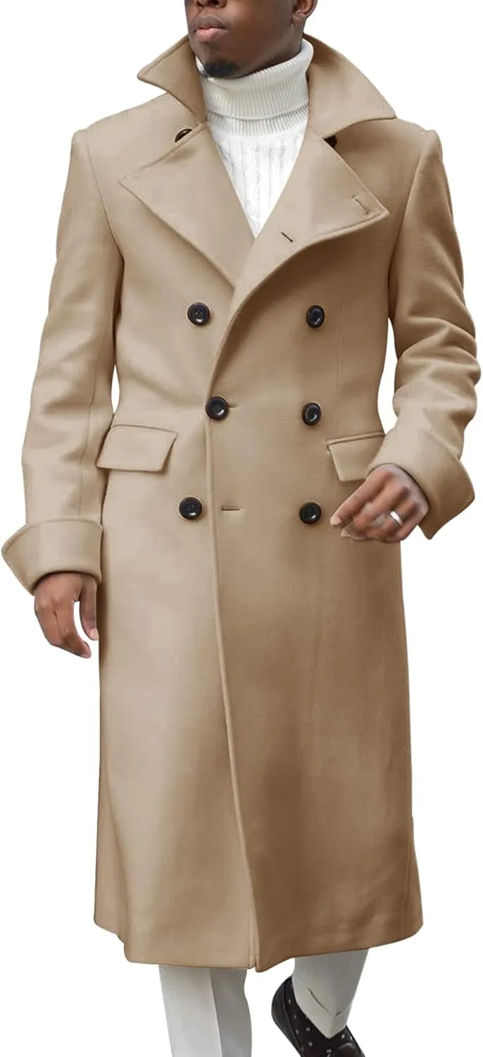 Ebifin Men's Notch Lapel Double Breasted Long Trench Coat Casual Cotton Blend Peacoat
