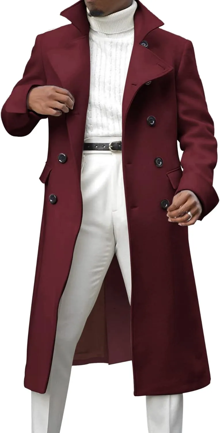 Ebifin Men's Notch Lapel Double Breasted Long Trench Coat Casual Cotton Blend Peacoat